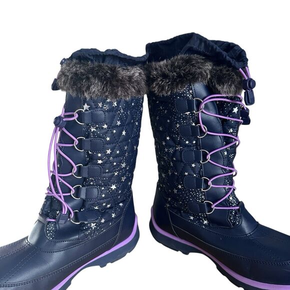 Lands End Youth Girls Sz 6 M Navy Purple Lace Trim Stars Rain Snow Winter Boots - Picture 6 of 9